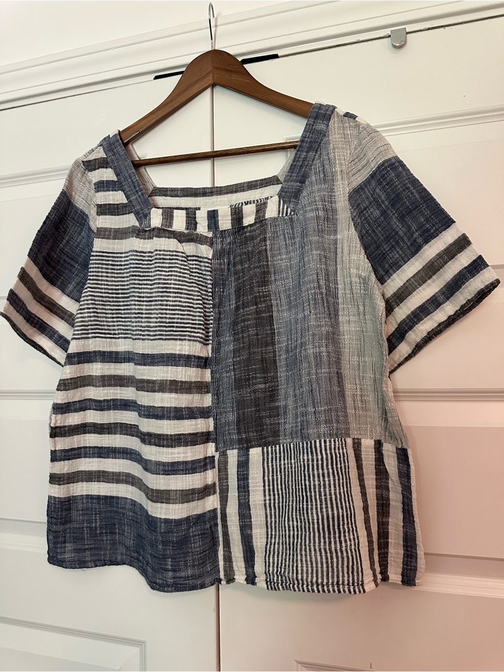 J Jill Striped Patchwork Linen Square-Neck Women’s Top - Navy & White - L